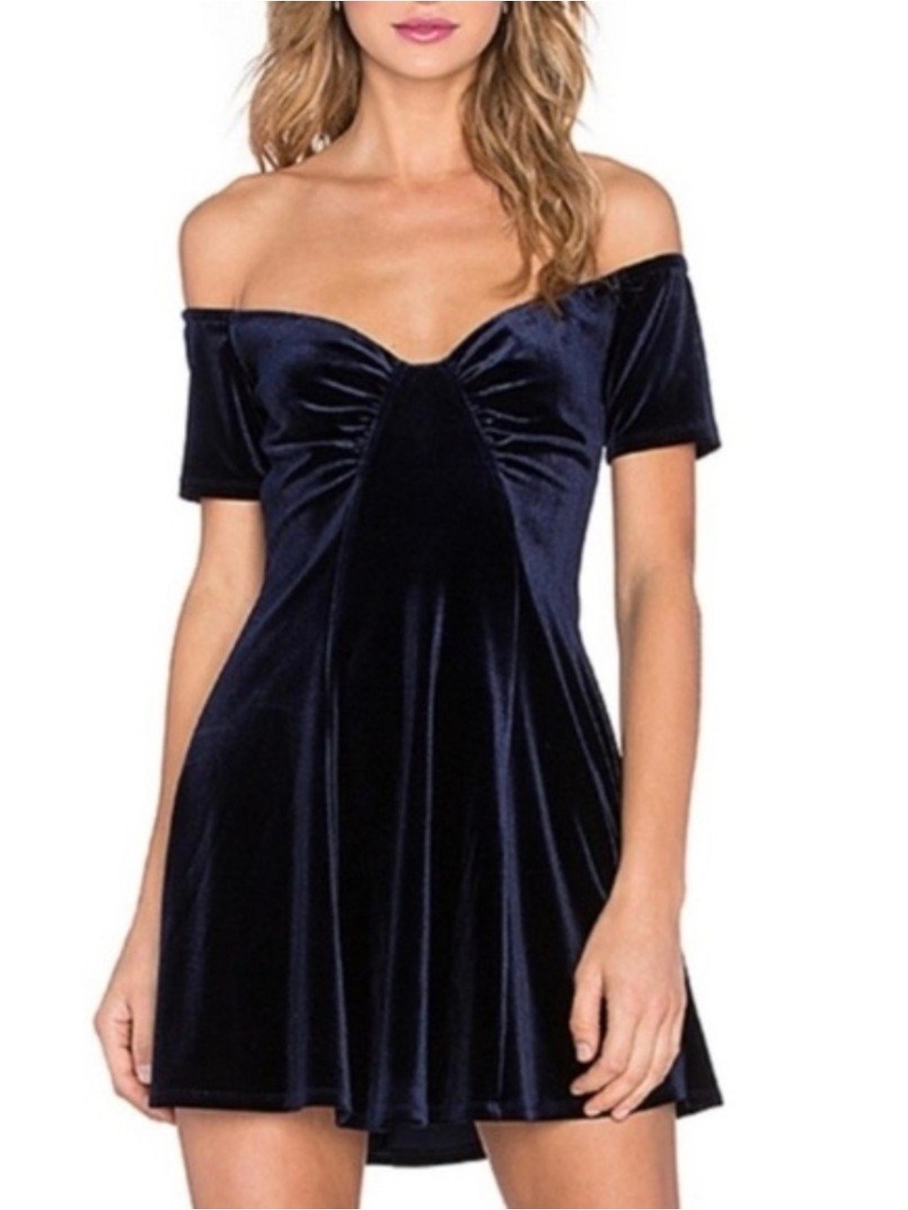 NBD Eliana velvet navy off shoulder mini dress